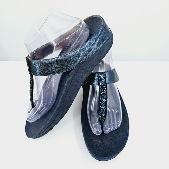 FitFlop Fino Quartz Toe Post Sandals 10 Midnight Navy Blue Slinky Slim Comfort - Picture 12 of 13